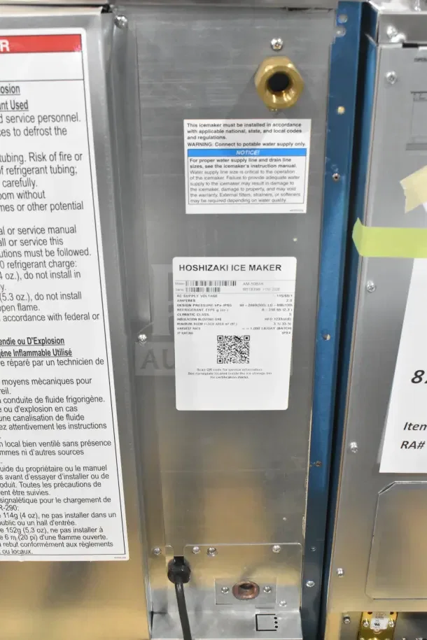BRAND NEW Hoshizaki AM-50BAK ice machine, 2026 model, 27 lb. bin, 115 volts, 1 phase, with tags, minor scratches.