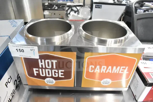 Carnival King 382RWS35DBL Double 3.5 Qt. Warmer with Pumps, labeled for Hot Fudge and Caramel, brand new scratch and dent.