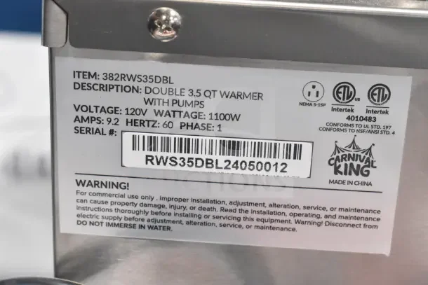 Brand new Carnival King 382RWS35DBL double 3.5 Qt. warmer, 120V, 1 phase, with pumps, scratch and dent condition.