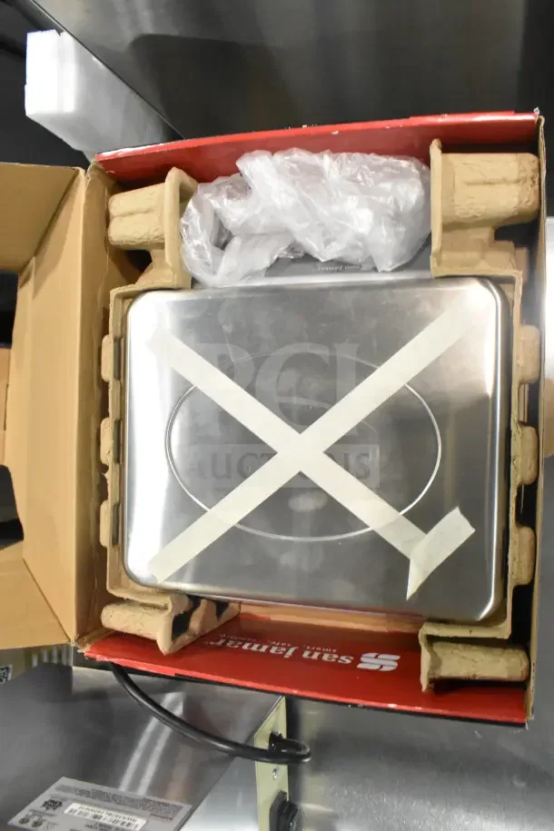 BRAND NEW San Jamar / Escali SCDGM33 33 lb. digital kitchen scale in box, with visible packaging materials, some scratches.