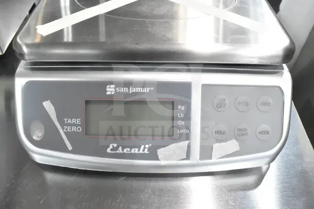 BRAND NEW San Jamar / Escali SCDGM33 33 lb. Digital Kitchen Scale, minor scratches, tare and mode buttons visible.