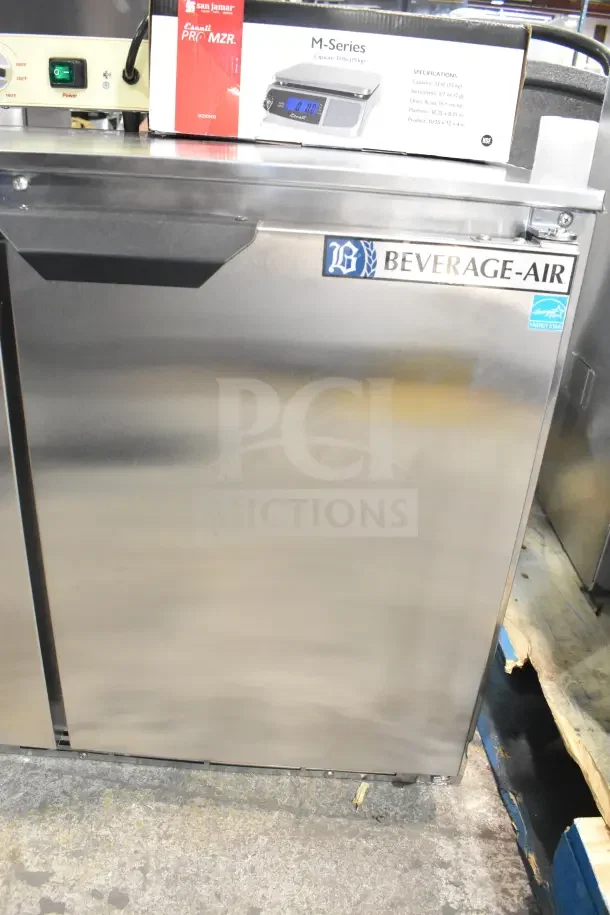Brand new Beverage Air UCR34HC undercounter refrigerator, 34" shallow depth, 115V, Energy Star label, minor dents.