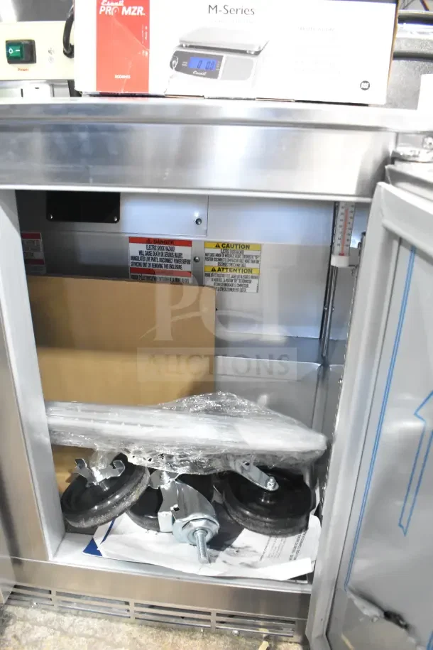 Brand new 2026 Beverage Air UCR34HC undercounter refrigerator, 34" shallow depth. Includes castors and electrical labels.