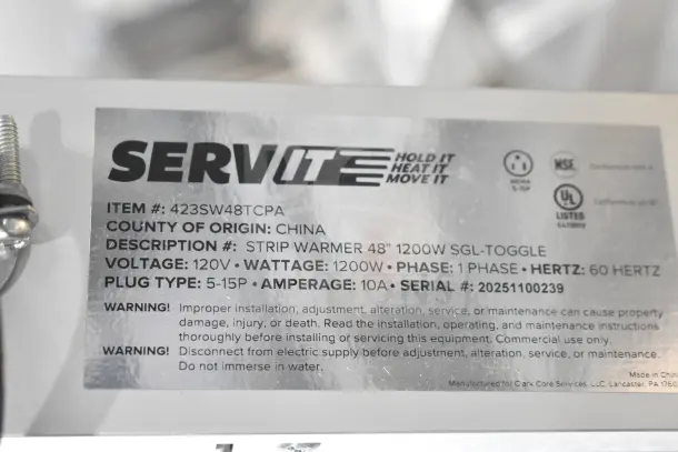 BRAND NEW ServIt 423SW48TCPA 48" Strip Warmer, 120V, 1200W, single toggle control, scratch and dent condition.