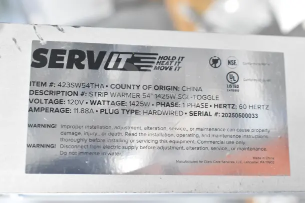 BRAND NEW SCRATCH AND DENT! ServIt 54" Strip Warmer, Model 423SW54THA, 120V, 1 Phase, Single Toggle, Serial: 20250500033.