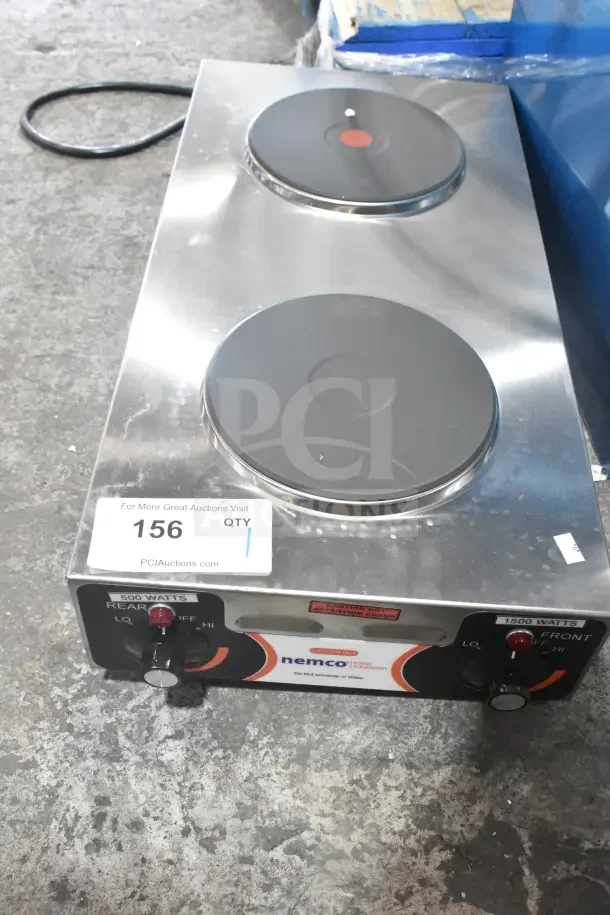 Brand new Nemco 6310-3 electric countertop hot plate, 2026 model, with two solid burners. 120 volts, 1 phase. Scratch and dent condition.