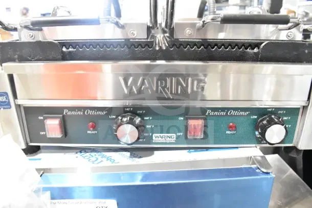 BRAND NEW Waring WPG300 Panini Grill, 17"x9.25" grooved plates, 240V, 1 Phase, controls and labels visible, scratch and dent.