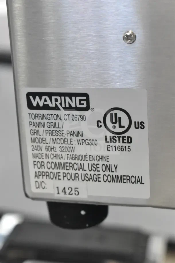 Waring WPG300 Panini Grill label close-up, showing 240V, 60Hz, 3200W specs; for commercial use. Model: WPG300.