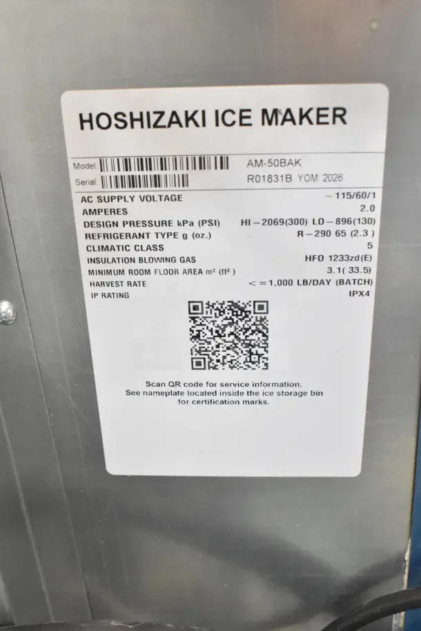 BRAND NEW 2026 Hoshizaki AM-50BAK Ice Machine, undercounter, 27 lb bin, 54 lb capacity, scratch and dent, 115V, 1 Phase.
