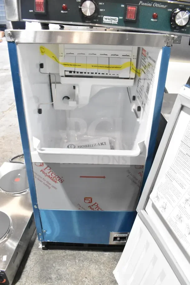 Brand new Hoshizaki AM-50BAK ice machine, 14 7/8" width, 27 lb. bin capacity, 54 lb. output, 115V, 1 Phase, scratch and dent condition.