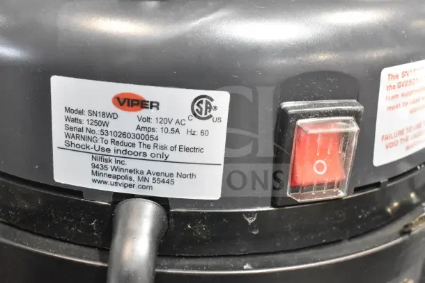 Brand new Viper SN18WD wet/dry vacuum label, showing specs: 120V, 1250W, serial number, and indoor use warning.
