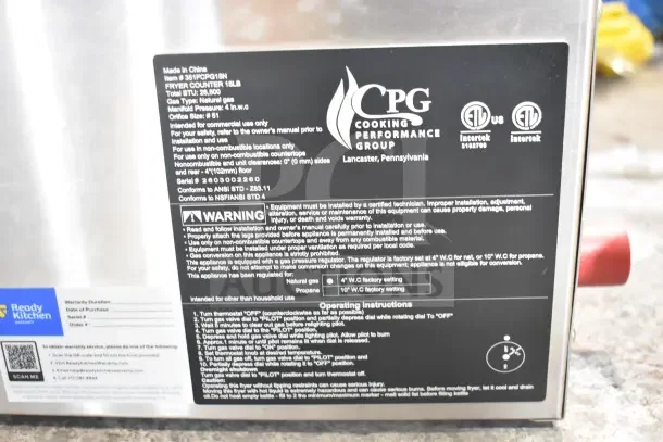 BRAND NEW CPG FCPG15 Countertop Fryer, 15 lb, 26,500 BTU, natural gas, tags detail specs and warnings.