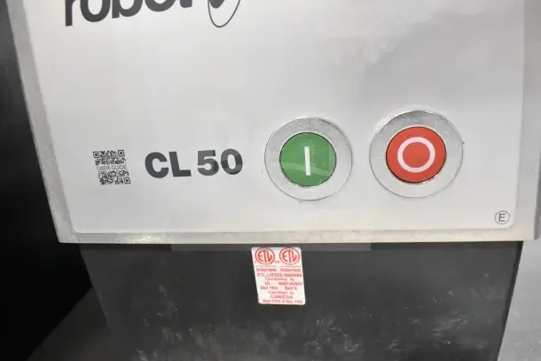 "Robot Coupe CL50 Series E food processor control panel with on/off buttons, ETL label visible, brand new condition."