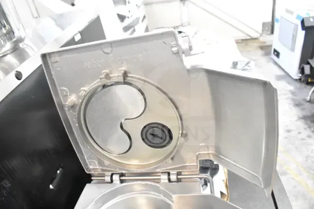 BRAND NEW SCRATCH AND DENT! Robot Coupe CL50 Series E food processor with blades, shown with open lid. 120V, 1 Phase.