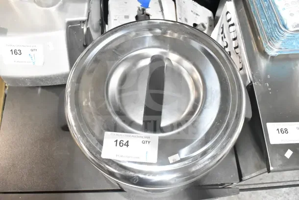 Brand new RiceMaster 56913S 96-cup sushi rice container, stainless steel, scratch and dent, shown with lid and auction tag 164.