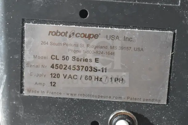 Robot Coupe CL50 Series E food processor label, shows model CL50, 120 VAC, 1 Phase, serial 4502453703S-11. Made in France.
