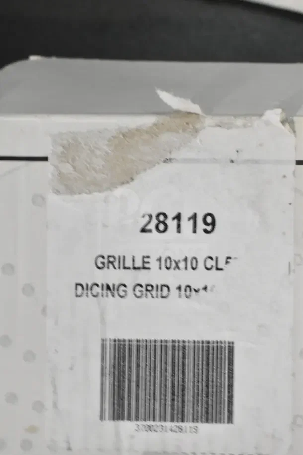 Label showing part number 28119 for Robot Coupe CL50 food processor. Includes 10x10 dicing grid. Minor wear on label.
