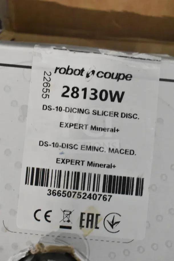 Robot Coupe CL50 Series E Tex-Mex Dice Food Processor, new scratch and dent. Label shows model 28130W and disc details.