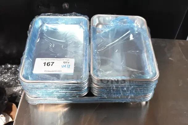 18 brand new scratch and dent aluminum baking pans, Choice models 407BUNEGHT and 407BUNQRTR, wire rim, 19 gauge.