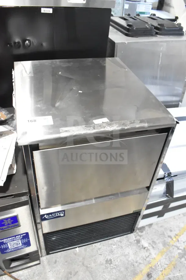 Brand new Avantco 194EUCF160A undercounter ice machine, 159 lb capacity, 44 lb storage, 115 volts, with minor dents.