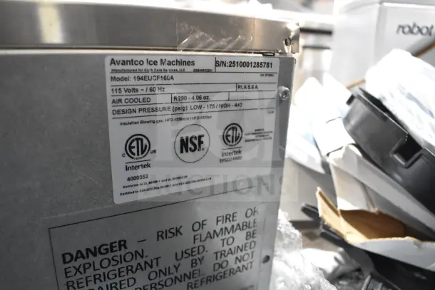 Brand new 2025 Avantco 194EUCF160A undercounter ice machine, 159 lbs capacity, 115 volts, ETL and NSF certified.