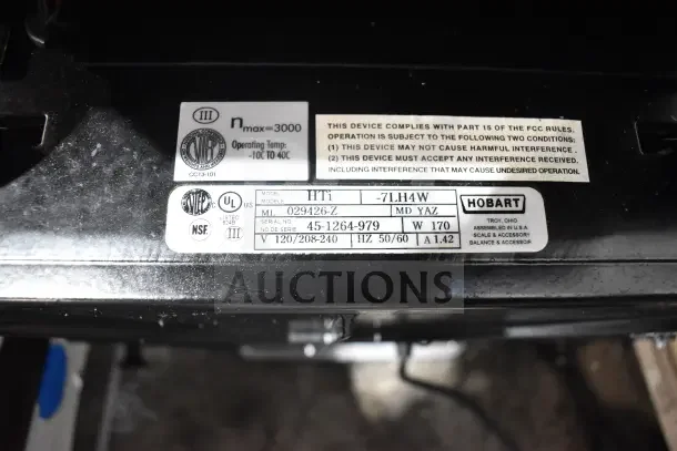 2023 Hobart HTi-7LH4W commercial food portioning scale, tested, working, 120/208-240V, 1 phase. Labels show model and specs.