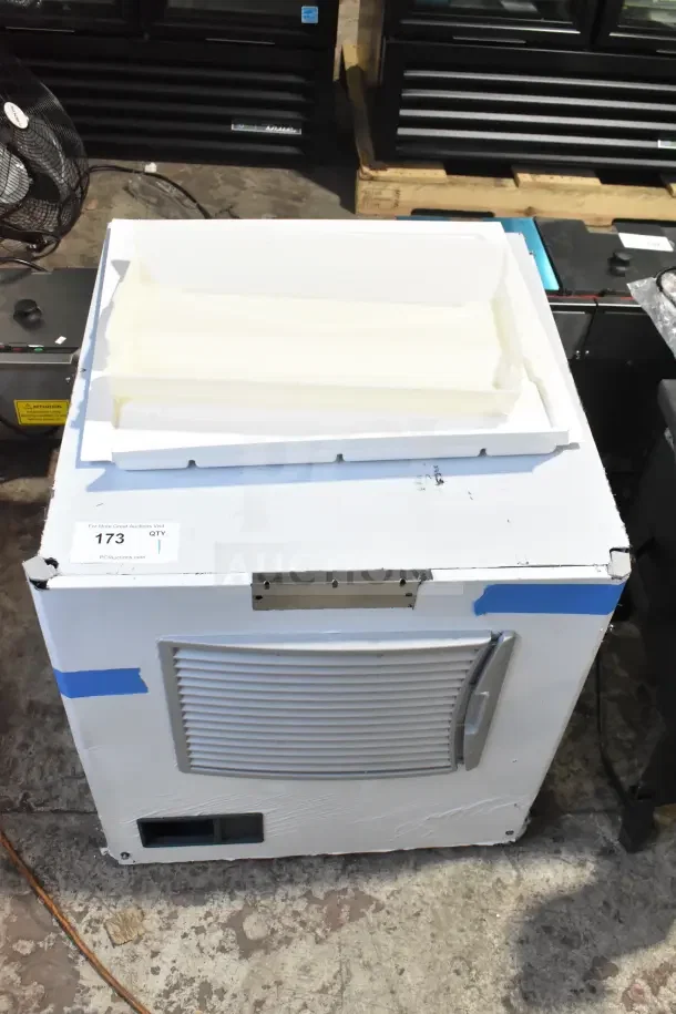 Brand new Scotsman MC0322MAX-1A ice machine, 362 lb capacity, 115V, with visible scratches and dents.