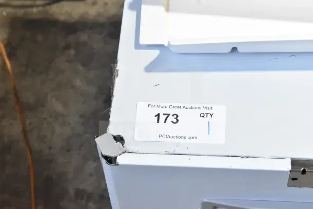 BRAND NEW Scotsman MC0322MAX-1A Prodigy Elite® medium cube ice machine with visible corner damage, tag stating "173 QTY 1".