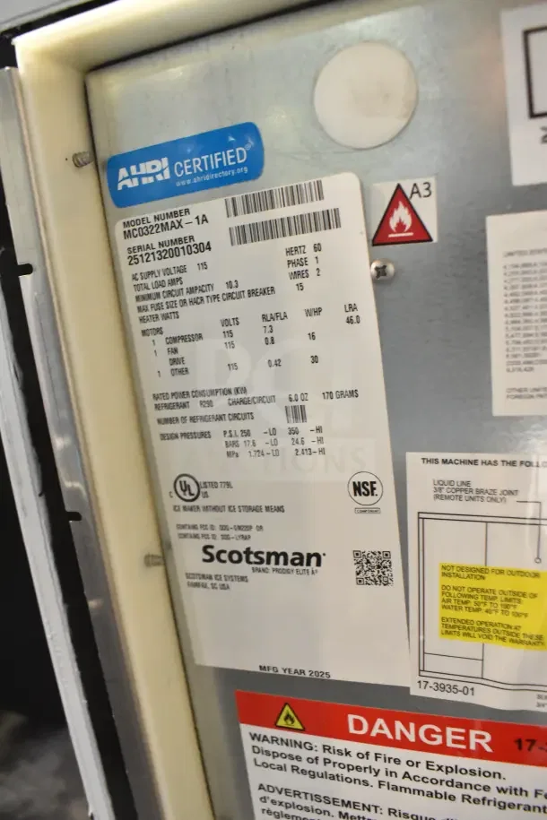 2025 Scotsman MC0322MAX-1A Prodigy Elite Ice Machine, 362 lb capacity, 115V, 1 Phase, brand new with scratches.