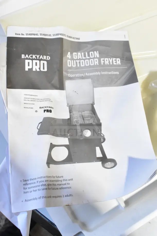 BRAND NEW Backyard Pro 554BP4GEFS 4 Gallon Steel Liquid Propane Deep Fryer, 90,000 BTU, manual shown, slight wear on cover.