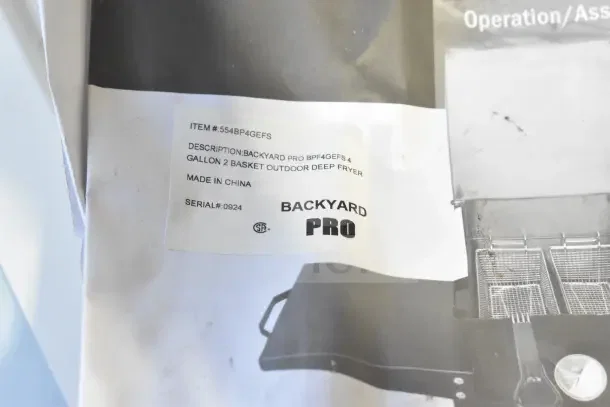 BRAND NEW SCRATCH AND DENT Backyard Pro 554BP4GEFS 4 Gallon Steel Propane Fryer. Item#: 554BP4GEFS, Serial#: 0924. Made in China.