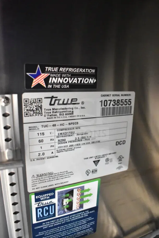 BRAND NEW 2024 True TUC-48-HC cooler label, 115V, 1 phase, showcases model, serial number, and RCU technology.