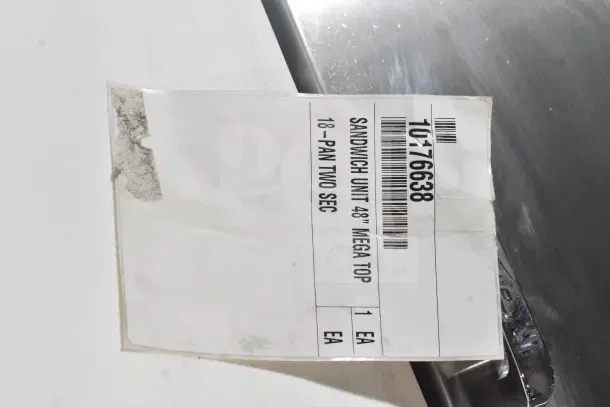 Label on True TSSU-48-18MB-HC Sandwich Unit, showing product details and barcode, indicating "18-Pan Two Sec."