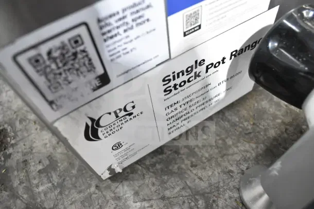 CPG Stock Pot Range model 351CPGSP18N label, 80,000 BTU, natural gas, new with scratches, intended for commercial use.