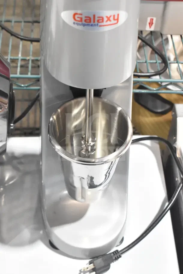 Brand new Galaxy SDM400 single spindle drink mixer, 2-speed, 120 volts, shown with visible branding and stainless steel cup.