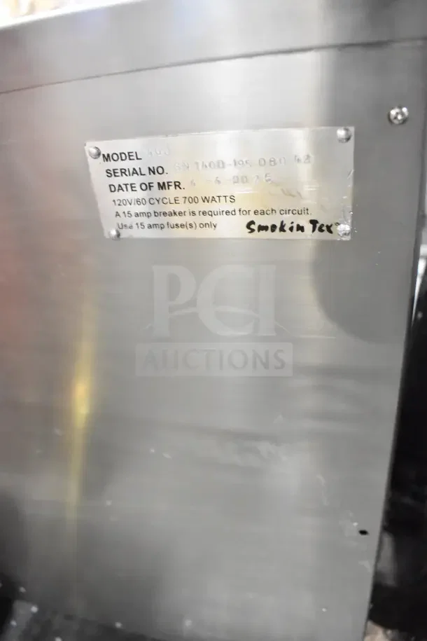 SmokinTex 400 Electric Smoker, 120V, 1 Phase, 700W. Brand new, scratch and dent, label shows model and specs.