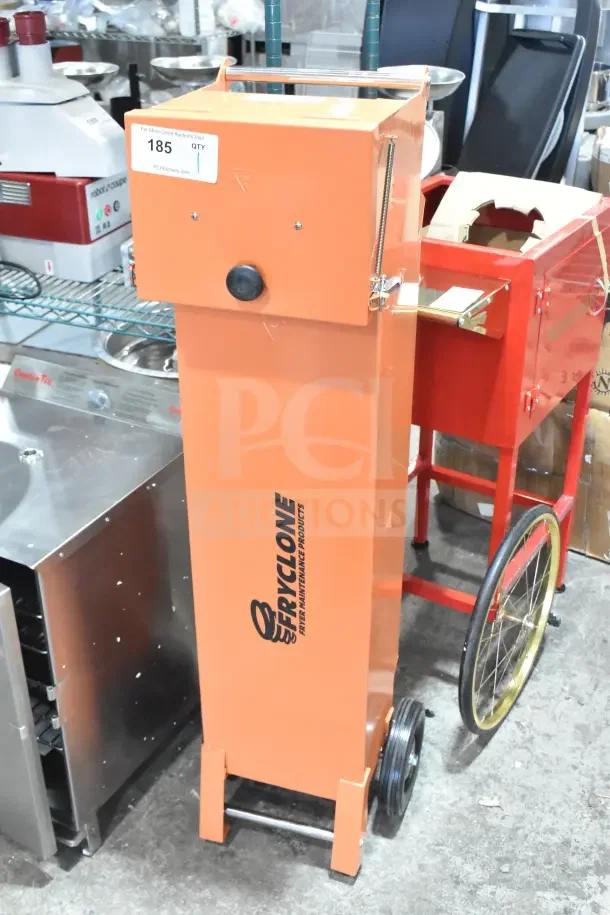 BRAND NEW SCRATCH AND DENT! Fryclone 259OS50 Fryer Oil Shuttle, 40-50 lb. capacity, orange, with wheels, minor cosmetic marks.