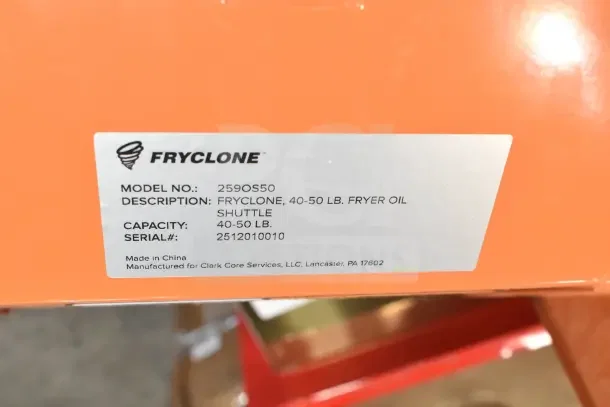Fryclone 259OS50 Fryer Oil Shuttle, scratch and dent, capacity 40-50 lb, model sticker visible with serial 2512010010.