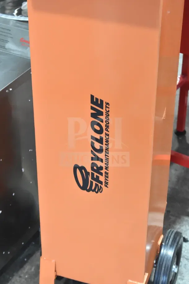 BRAND NEW SCRATCH AND DENT Fryclone 259OS50 Fryer Oil Shuttle, 40-50 lb capacity, orange with black logo, on wheels.