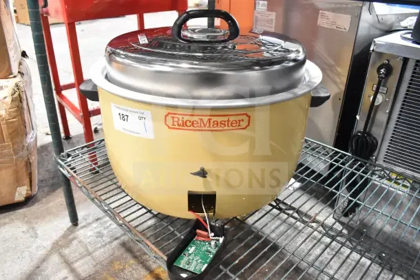 Brand new RiceMaster Town 57155 rice cooker, 110 cup capacity, 230 volts, features scratch and dent, electronic model.