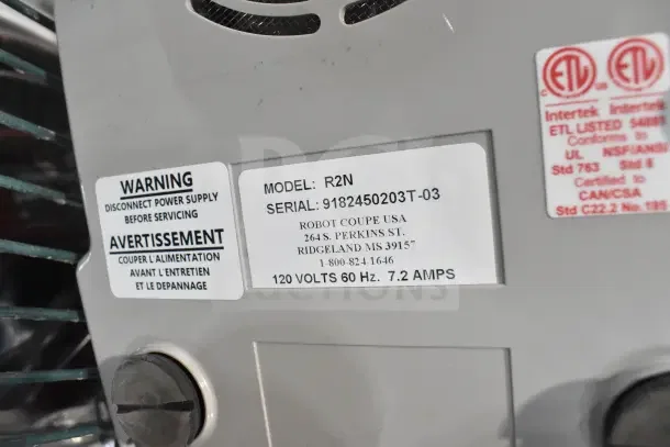 BRAND NEW Robot Coupe R2N food processor label, model R2N, serial 9182450203T-03, 120 volts, 7.2 amps.