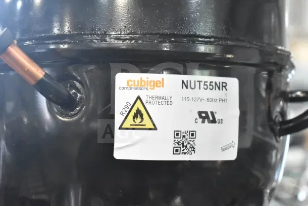BRAND NEW Cubigel NUT55NR Avantco 17813580 Compressor, thermally protected, label indicates R290 refrigerant.