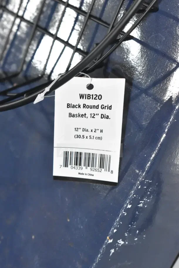 American Metalcraft WIB120 black round wire basket, 12" x 2", new condition, visible tag details product info.