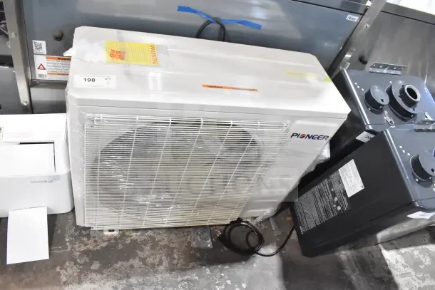 Brand new Pioneer YN018GLSI25RPH 18,000 BTU mini-split AC, 23.5 SEER2, 230V, scratch/dent, Energy-Star, visible labels.