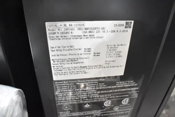 Brand new Rinnai SENSEI CXP160iN natural gas/propane tankless water heater, 120V, 160,000 BTU, 9.0 GPM, with minor scratches.
