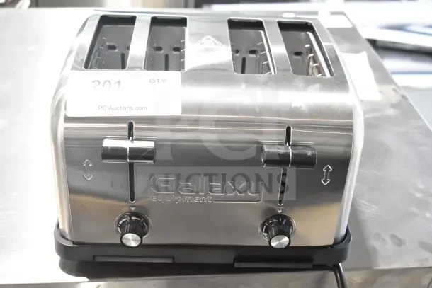 Brand new Galaxy MDT4 commercial toaster, 4-slice, 1 1/2" slots, stainless steel, 120V, light-duty, scratch and dent condition.
