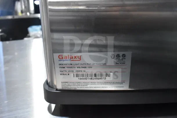 BRAND NEW SCRATCH AND DENT! Galaxy MDT4 4-Slice Commercial Toaster, 1 1/2" slots, 120V, stainless steel, with label and serial number.