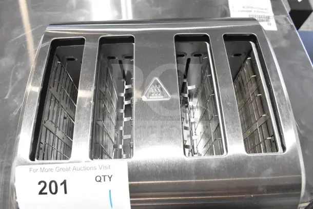 Brand new Galaxy MDT4 commercial toaster, light-duty, 4-slice with 1 1/2" slots. Scratch and dent condition, 120 volts, 1 phase.