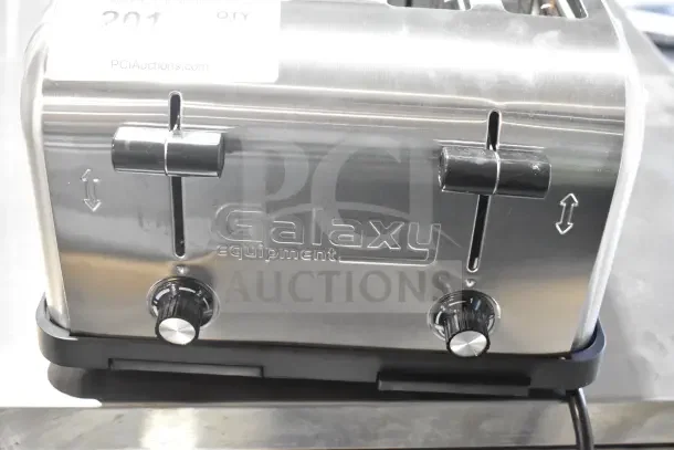 Brand new Galaxy MDT4 4-slice commercial toaster, 1 1/2" slots, stainless steel, 120V, light-duty, scratch and dent condition.