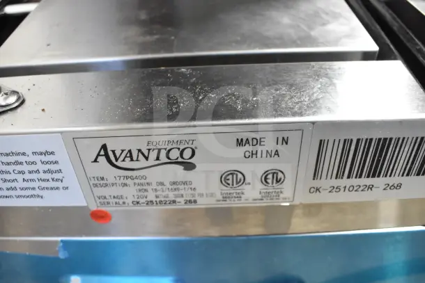 BRAND NEW 2025 Avantco PG400 Dual Panini Grill, grooved plates, 19 5/8" x 9 1/8" surface, 120V, made in China, item 177PG400.